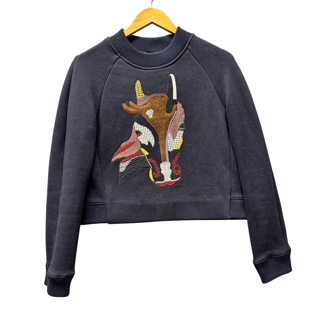 Nice Claup Sweatshirt Womens Medium Embroidered Horse Navy Blue Cropped Pullover